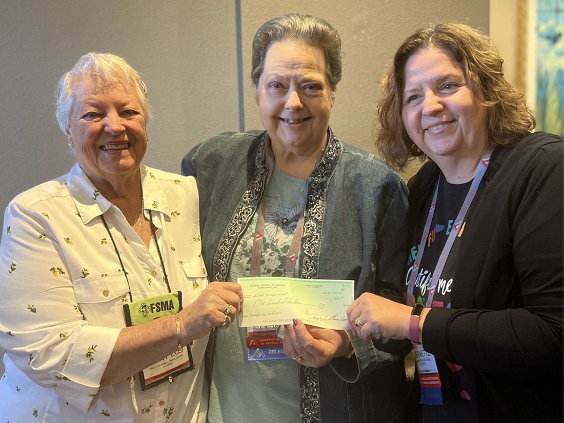 FSMA donation to the Maxine Williams Scholarship Fund by FSMA delegate Jeanette Tyler. Pictured with AAMA past presidents from Florida, Mary Lou Allison and Kathryn Panagiotacos